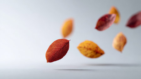 Autumn leaves in orange, yellow and red colors are gently falling against a light gray background, creating a serene and beautiful autumnal sceneの素材