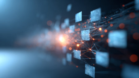 Data blocks connected by a digital network illustrating a blockchain or cryptocurrency concept, representing secure information transfer and distributed ledger technologyの素材