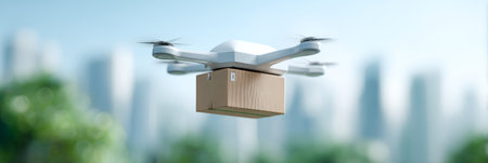 White delivery drone flying through a modern city environment, transporting a cardboard box, symbolizing efficient urban logistics, future shipping technology, and innovative e commerce solutionsの素材