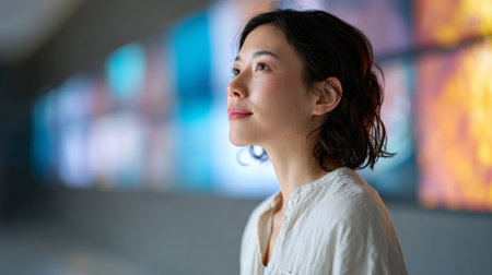 Woman standing in an art gallery, viewing colorful abstract artwork on the wall with a thoughtful and serene expression, finding inspiration and feeling hopefulの素材