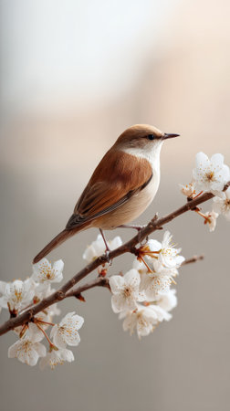 Small brown bird standing on a thin branch of a flowering tree with small white flowers, blurred background with pastel colors, conveying a sense of peace and tranquilityの素材