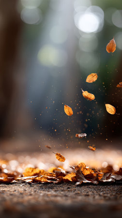 Dry brown leaves are falling and swirling down, creating a beautiful carpet of warm autumn colors on the ground, with a blurred background of trees and sunlightの素材