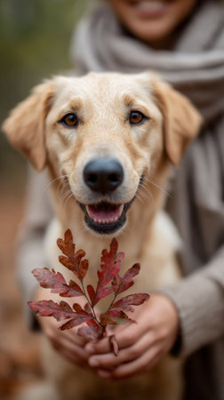 Golden retriever dog smiling joyfully as a woman holds a twig adorned with vibrant red autumn leaves, set against a softly blurred forest backdrop, capturing a moment of happinessの素材
