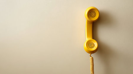 Yellow telephone receiver with a coiled cord hanging vertically on a textured off white wall, creating a strong shadow and emphasizing vintage communication conceptsの素材