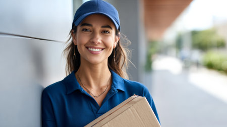 Smiling young adult delivery woman wearing a uniform and a cap, standing outdoors, holding a cardboard package, offering reliable shipping and courier servicesの素材