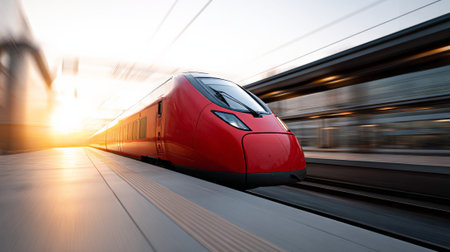 Red high speed train quickly departing a modern station platform at sunset, creating a motion blur effect and symbolizing swift travel and connected transportationの素材
