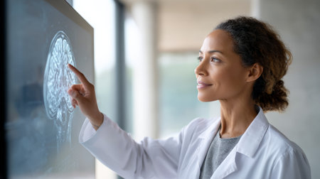 Female physician examining digital brain hologram, displaying neurological scanning results on interactive touchscreen within high tech medical research laboratoryの素材