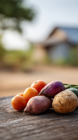 Potatoes, tomatoes, sweet potatoes and turnips freshly picked from the garden rest on a wooden table in the countryside during a beautiful autumn dayの素材