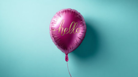Pink metallic foil balloon with a golden hello message floating against a vibrant teal background, creating a bright and welcoming greeting for celebration or communication conceptsの素材