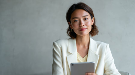 Businesswoman wearing white blazer sits with tablet in hand, smiling confidently at viewer, showcasing modern technology and leadership in business world, enhanced by artificial intelligenceの素材