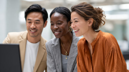 Multi ethnic business team collaborating and smiling while reviewing information on a computer screen, showcasing teamwork and data analysis in a modern office environmentの素材