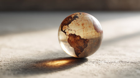 Distressed glass globe showing a map of the earth with north and south america in focus, resting on a textured concrete surface under a beam of sunlightの素材