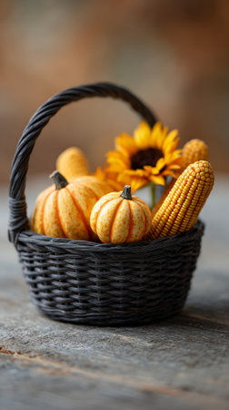 Small decorative pumpkins, an ear of corn and a sunflower arranged in a dark wicker basket, celebrating the autumn harvest season with a rustic touchの素材