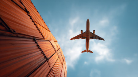 Commercial airplane flying overhead against a blue sky, illustrating global logistics, freight transportation, international trade, and the concept of interconnected supply chainsの素材
