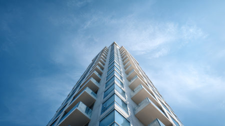 Modern residential or office building featuring multiple balconies and reflective glass windows, creating an upward perspective against a bright blue sky with faint wispy cloudsの素材
