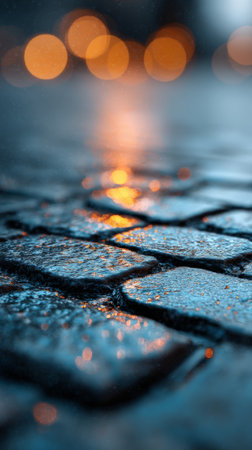 Wet cobblestone street reflecting warm city lights at dusk during autumn, evoking a cozy and nostalgic atmosphere with its charming textures and picturesque sceneryの素材