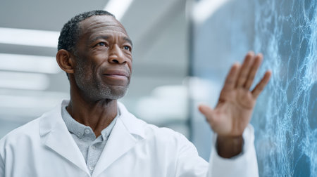 Experienced african american researcher interacting with advanced touchscreen display, examining intricate network data visualization within high tech medical research laboratory settingの素材