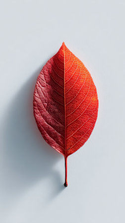 Vibrant red autumn leaf resting on a plain white background, showcasing delicate veins and casting a subtle shadow, highlighting natures serene transition into fallの素材