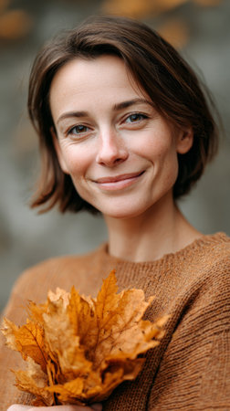 Beautiful woman with short brown hair, wearing a cozy brown sweater, smiling while holding a handful of dry orange leaves on a sunny autumn day in a vibrant parkの素材