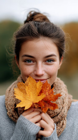 Portrait of a beautiful young woman with freckles holding a bunch of colorful maple leaves, enjoying a sunny autumn day at the park, wearing a knitted sweater and scarfの素材