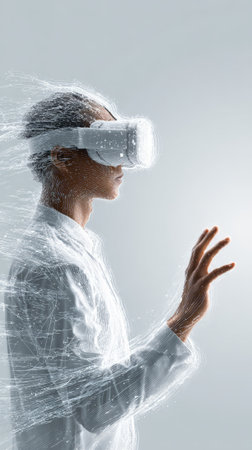 Man wearing virtual reality headset interacting with digital world, experiencing immersive metaverse simulation with artificial intelligence network surrounding himの素材