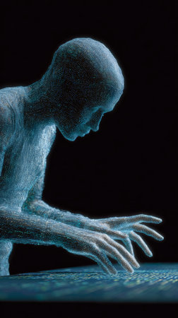 Holographic ai interface processing digital information, representing cutting edge technological visualization connecting virtual and computational realmsの素材