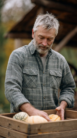 Grey haired, bearded senior farmer gently arranging freshly harvested pumpkins and squash in a wooden crate, enjoying the fruits of labor on a crisp autumn dayの素材