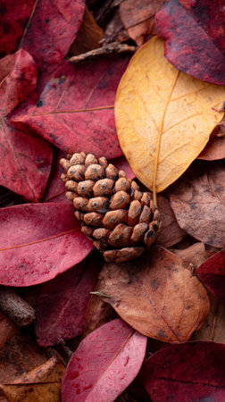 Single pine cone lies nestled among a bed of colorful autumn leaves, creating a beautiful display of natures seasonal transformation in a forest settingの素材