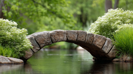 Small stone bridge arching over a calm pond in a peaceful garden setting, surrounded by lush greenery and white flowers, creating a serene and tranquil atmosphereの素材