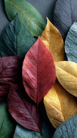 Vibrant and colorful autumn leaves creating a stunning display against a dark background, highlighting the beautiful transition of nature during the fall seasonの素材