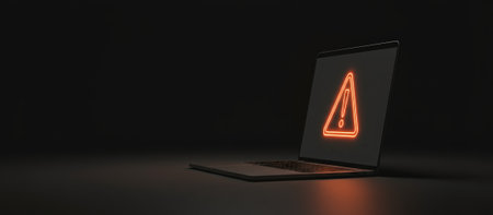Laptop screen illuminating a glowing neon orange warning sign, representing system errors, cybersecurity threats, or critical technical issues requiring immediate attention and data protectionの素材