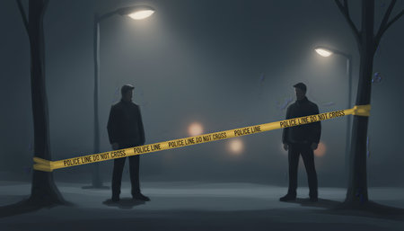 Two individuals standing on either side of yellow police tape under streetlights at night, symbolizing a crime investigation, social distancing, or conflict in a foggy urban settingの素材