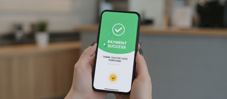 Person holding a smartphone displaying a payment success notification with a checkmark and thank you for your purchase. Message on the screen, illustrating successful online shoppingの素材