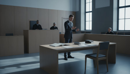 Male lawyer standing at the defense table, actively presenting a case and gesturing in a modern courtroom with judges watching from the bench, symbolizing justice, law, and legal proceedingsの素材