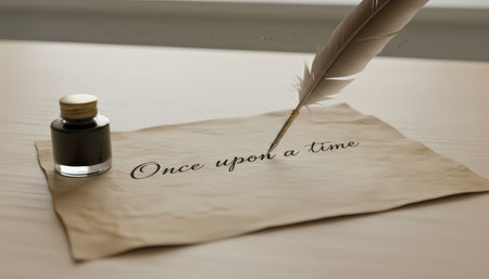 Quill pen creating text once upon a time on a piece of aged parchment paper next to a glass inkwell, evoking storytelling, history, and narrative beginningsの素材