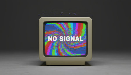 Retro television monitor showing a no signal message on a colorful, distorted screen, symbolizing broadcasting problems, technical issues, or digital errorsの素材