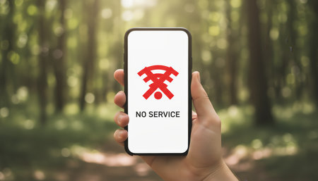 Hand holding a modern smartphone displaying a red no service icon and text on the screen, indicating a lack of network connection or internet signal within a natural, out of range forest environmentの素材
