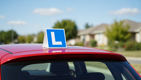 Red vehicle with an l plate on its roof, indicating a new or learner driver is operating the automobile, symbolizing the process of acquiring driving skills during a lessonの素材