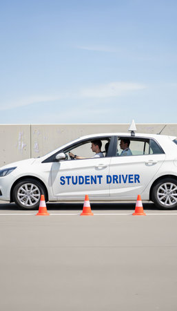 Student driver learning to operate a white car during a driving lesson, with an instructor guiding and supervising the process. Safety cones mark the course for practiceの素材