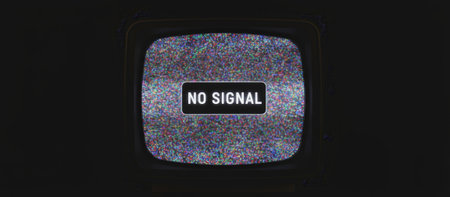 Retro television screen showing colorful static noise and a no signal message, representing technical issues, communication breakdown, and digital glitch conceptsの素材