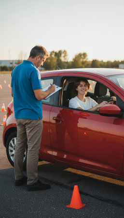 Driving instructor standing beside a red car, holding a clipboard and supervising a smiling student driver as she practices navigating around traffic conesの素材