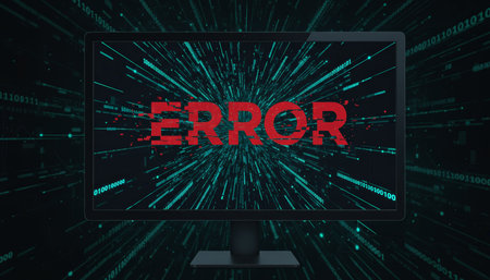 Computer screen showing a prominent red error message with a pixelated effect, surrounded by streaming binary code and digital data, representing a system technical issueの素材