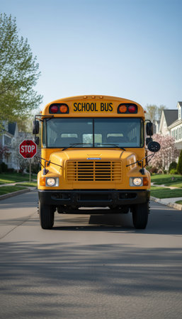 Yellow school bus traveling on a quiet suburban street with houses and green trees, ready for transporting students to education or picking up children after schoolの素材