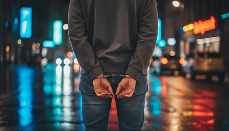 Man with hands cuffed behind his back, standing on a wet city street reflecting colorful neon lights and vehicle headlights, symbolizing crime and justiceの素材