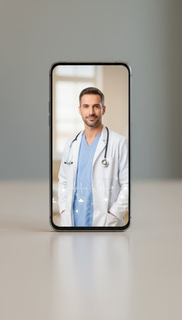 Male doctor appearing on a smartphone screen, providing remote medical consultation and online health services, symbolizing modern telehealth and digital healthcare connectivityの素材