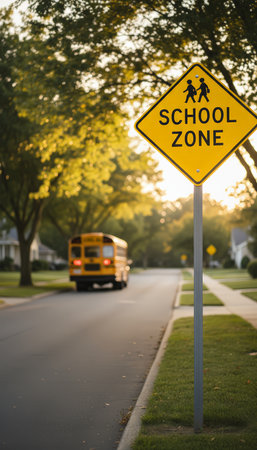 School zone warning sign standing on a tree lined street with a yellow school bus driving away, emphasizing road safety for children and pedestrians in a neighborhood setting during sunsetの素材