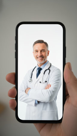 Hand holding a smartphone displaying a confident male doctor on a video call, representing modern telemedicine, online healthcare, and virtual medical consultation servicesの素材