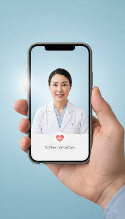 Hand holding smartphone showing asian female doctor on video call, illustrating telemedicine and remote healthcare consultation for convenient virtual medical advice and patient supportの素材