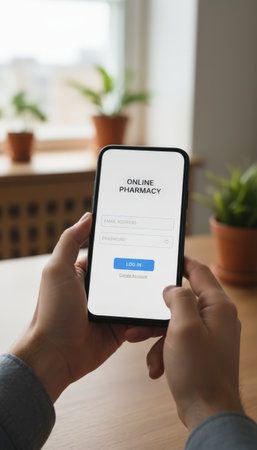 Person holding a smartphone displaying an online pharmacy application login screen, conceptualizing digital health, e commerce, and mobile healthcare servicesの素材
