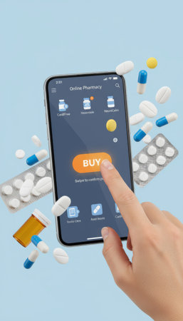 Persons hand taps a smartphone showing an online pharmacy app as pills, capsules and blister packs float around, symbolizing telemedicine, e commerce and medication deliveryの素材